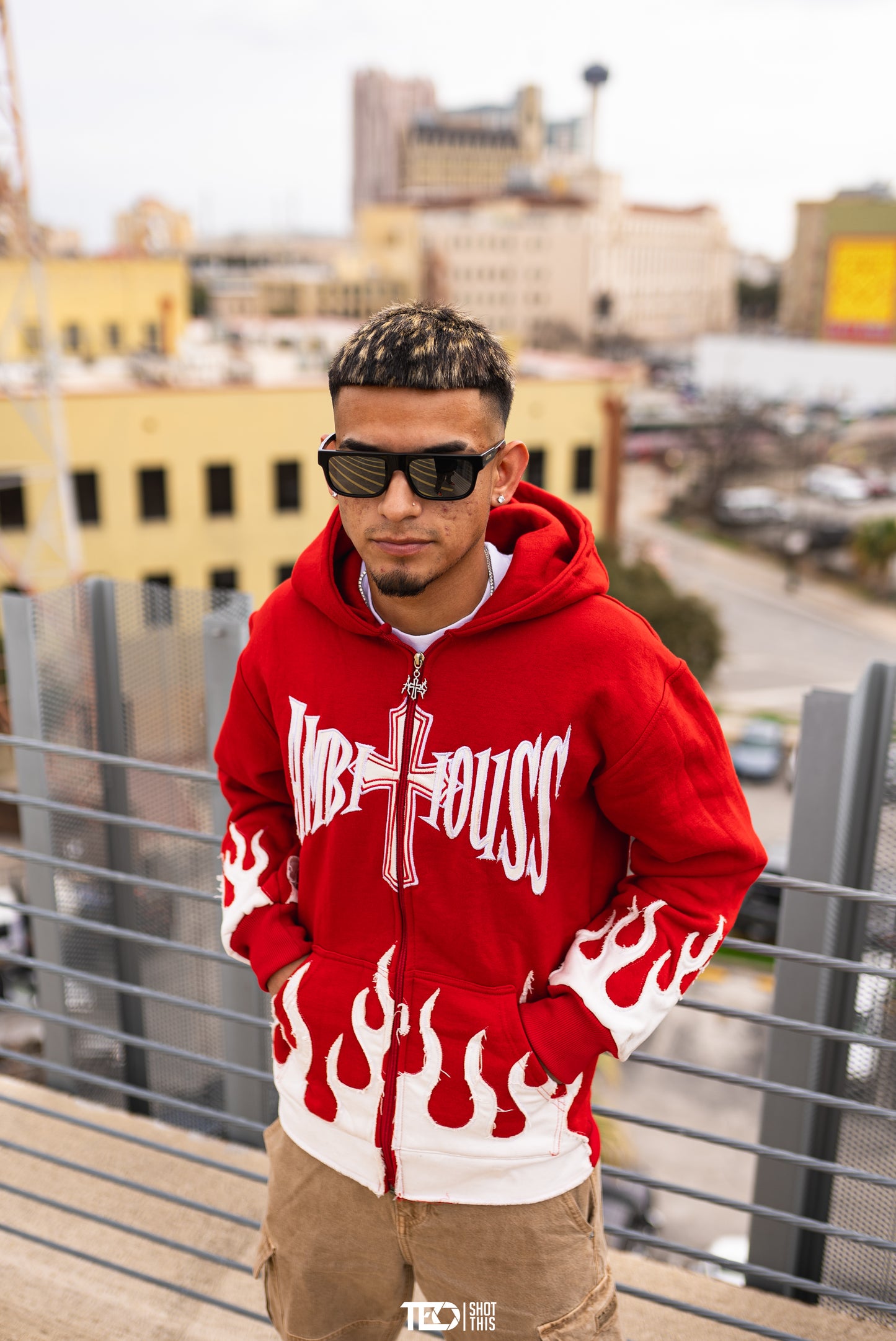 AMBITIOUSS "ŁÀ FŁÀMÉ" zip up hoodie Red.