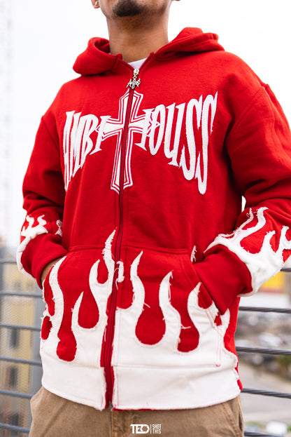 AMBITIOUSS "ŁÀ FŁÀMÉ" zip up hoodie Red.