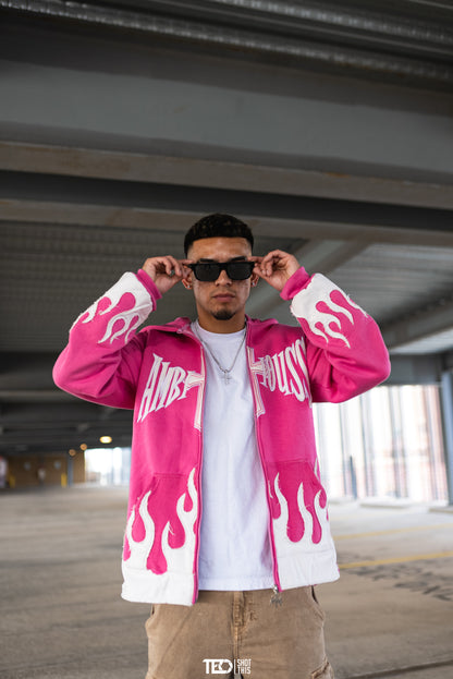 AMBITIOUSS "ŁÀ FŁÀMÉ" zip up hoodie Pink.