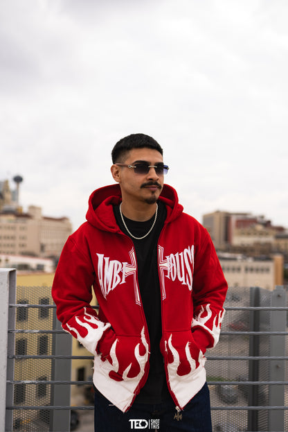 AMBITIOUSS "ŁÀ FŁÀMÉ" zip up hoodie Red.