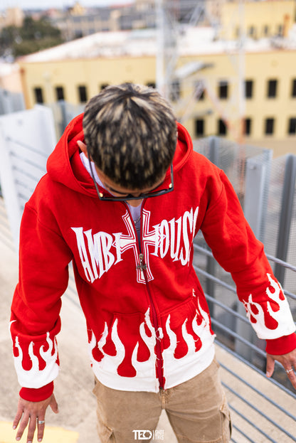 AMBITIOUSS "ŁÀ FŁÀMÉ" zip up hoodie Red.