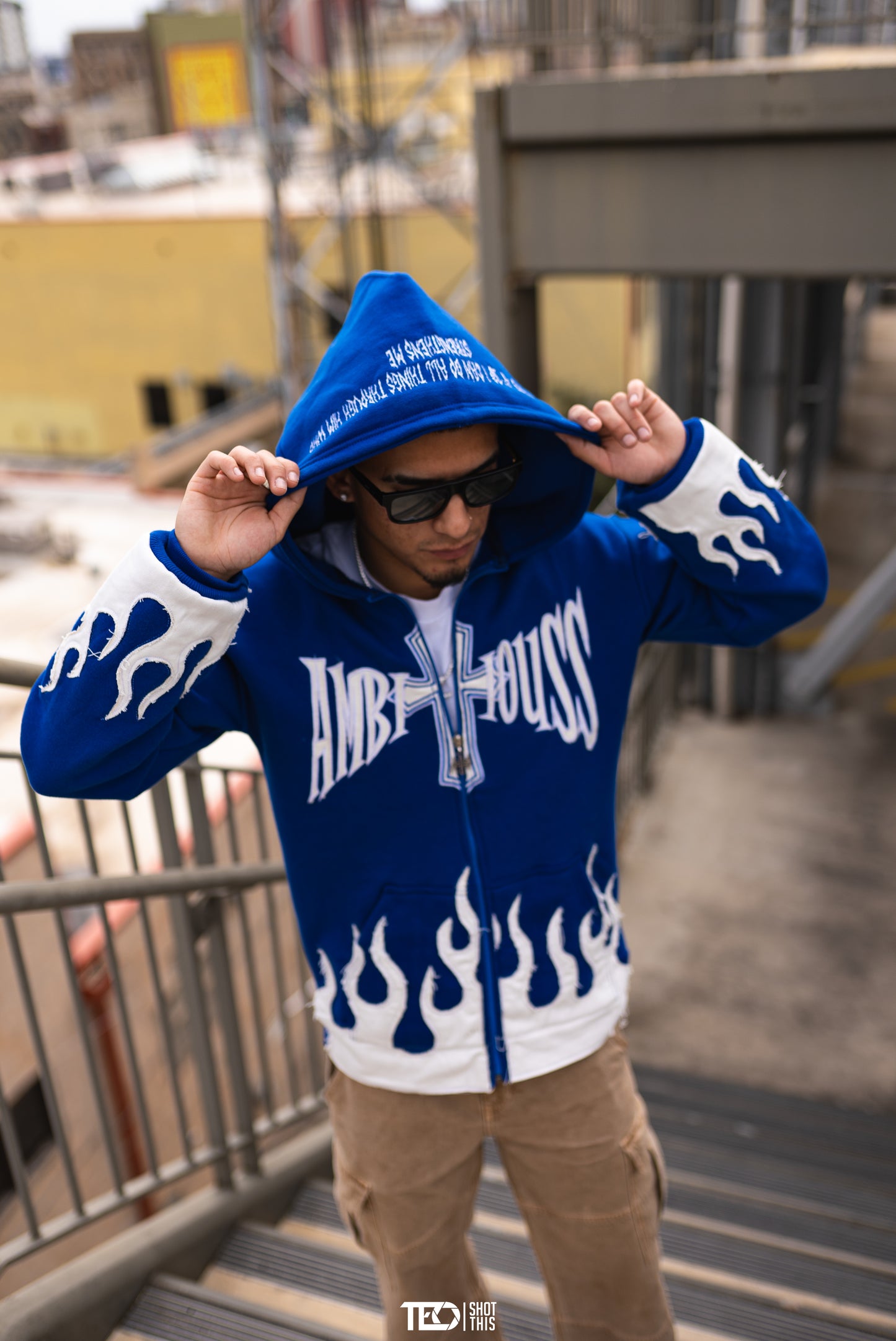 AMBITIOUSS "ŁÀ FŁÀMÉ" zip up hoodie Blue.