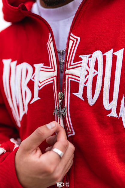 AMBITIOUSS "ŁÀ FŁÀMÉ" zip up hoodie Red.