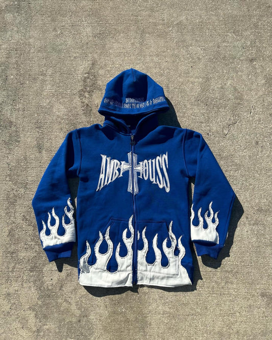 AMBITIOUSS "ŁÀ FŁÀMÉ" zip up hoodie Blue.