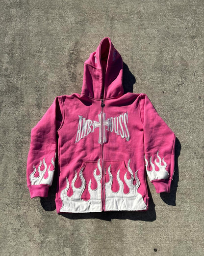 AMBITIOUSS "ŁÀ FŁÀMÉ" zip up hoodie Pink.