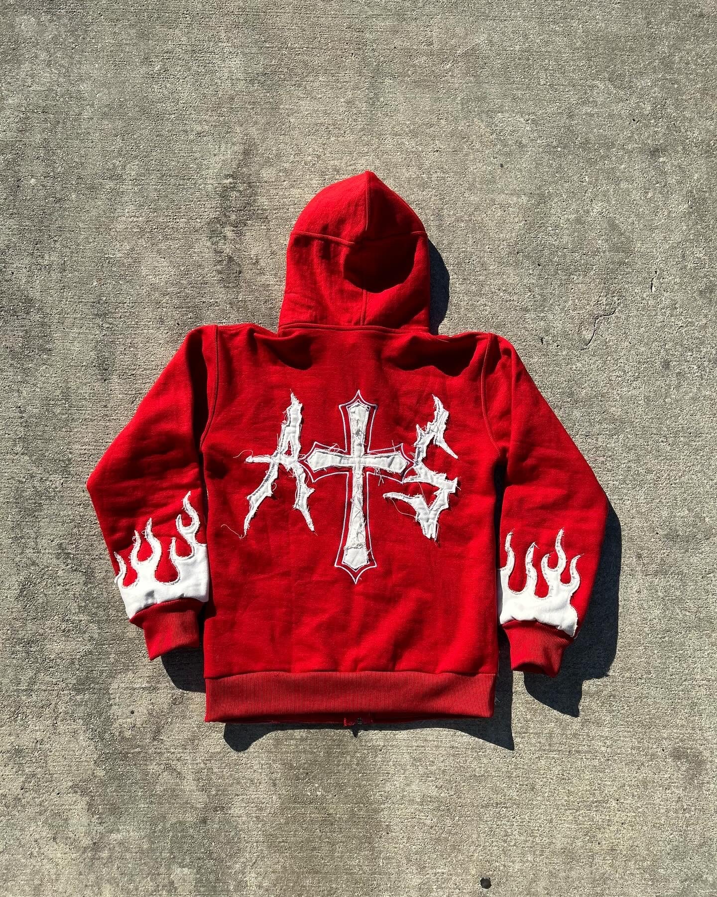 AMBITIOUSS "ŁÀ FŁÀMÉ" zip up hoodie Red.